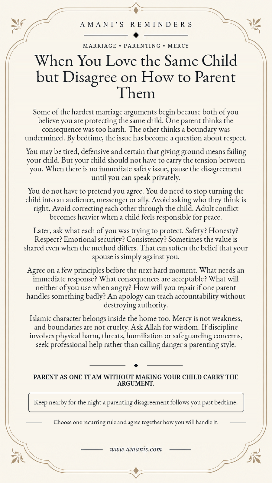 Amani’s Reminders poster about parenting disagreements, marital mercy and keeping children outside adult conflict.