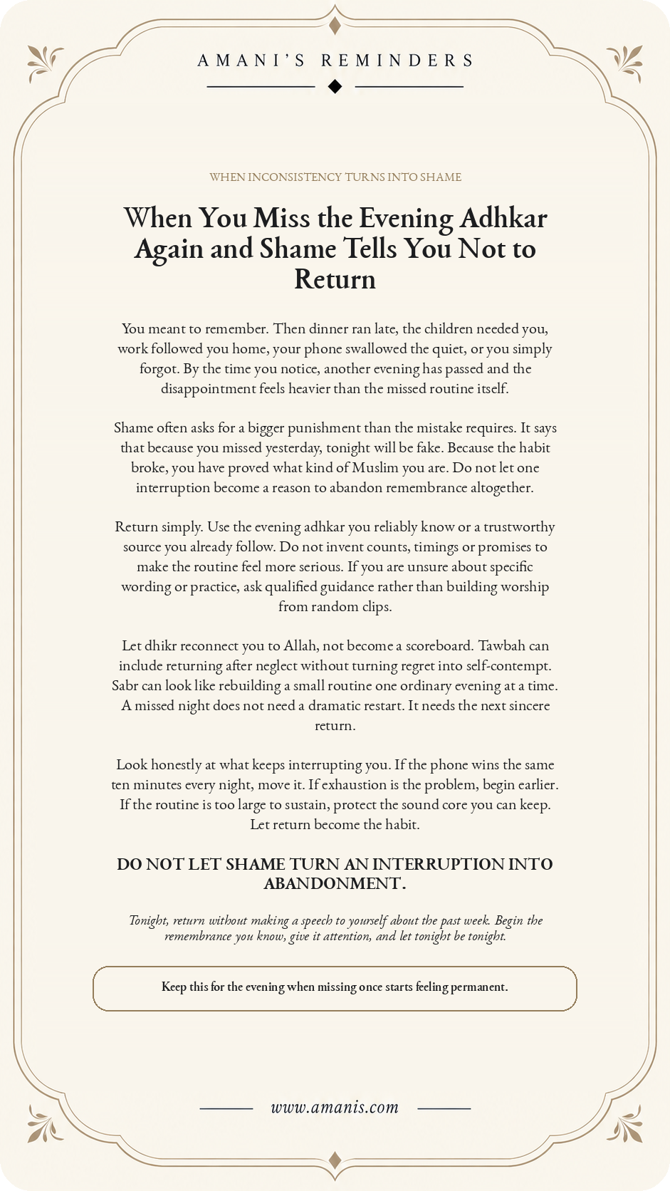 Amani's Reminders poster about returning to evening adhkar after missing the routine without surrendering to shame.