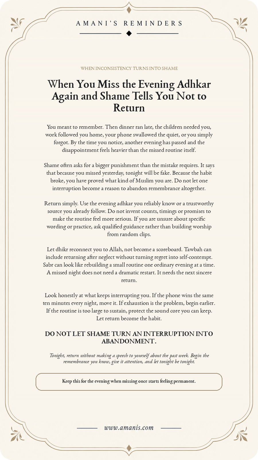 Amani's Reminders poster about returning to evening adhkar after missing the routine without surrendering to shame.