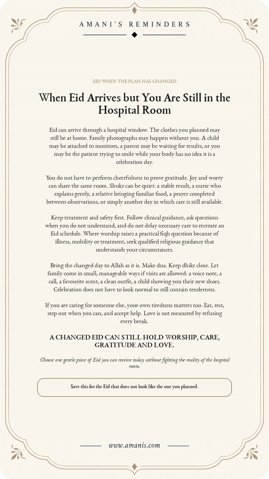 Amani's Reminders poster about experiencing Eid in a hospital room while holding worship, care and hope together.