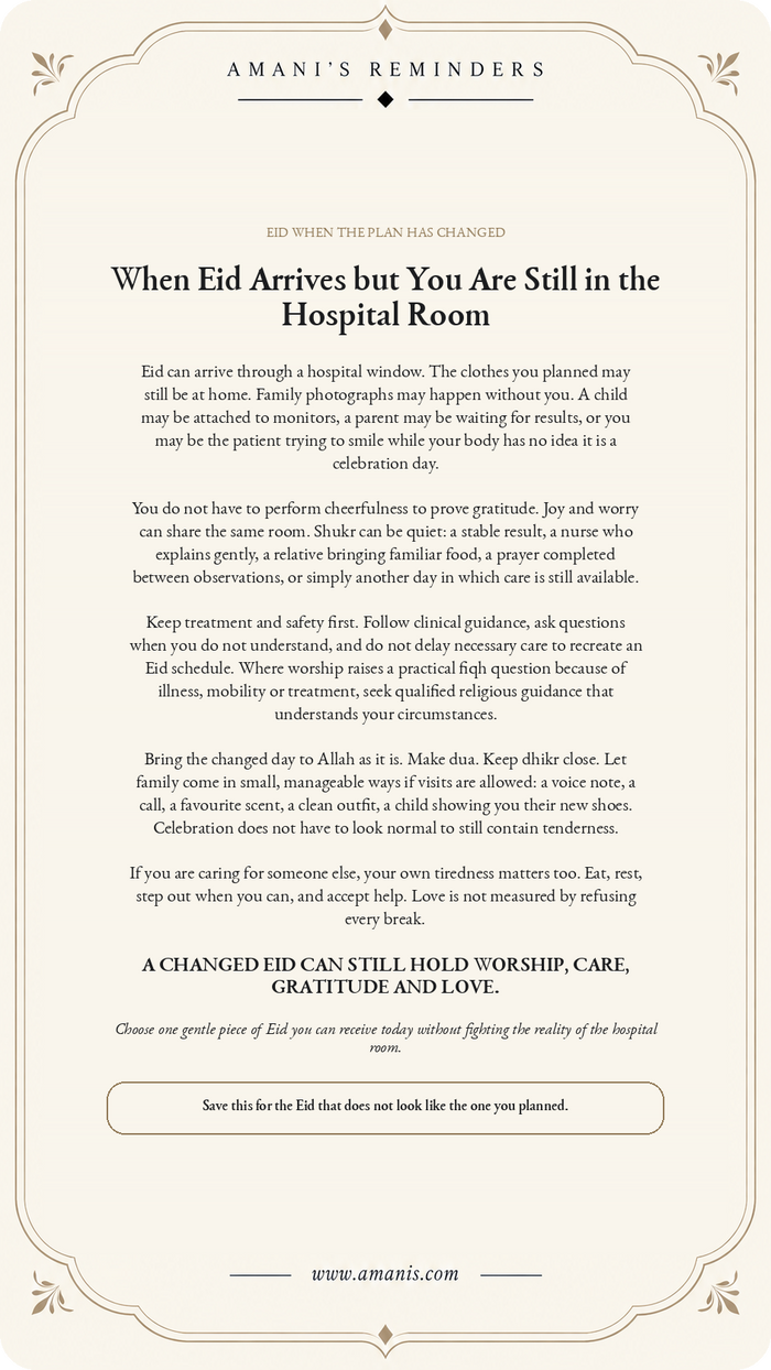 Amani's Reminders poster about experiencing Eid in a hospital room while holding worship, care and hope together.