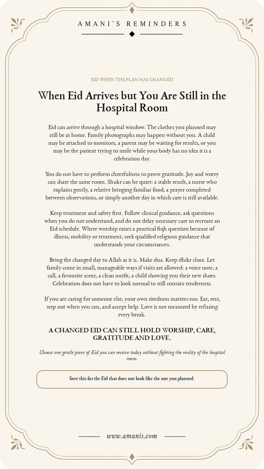 Amani's Reminders poster about experiencing Eid in a hospital room while holding worship, care and hope together.