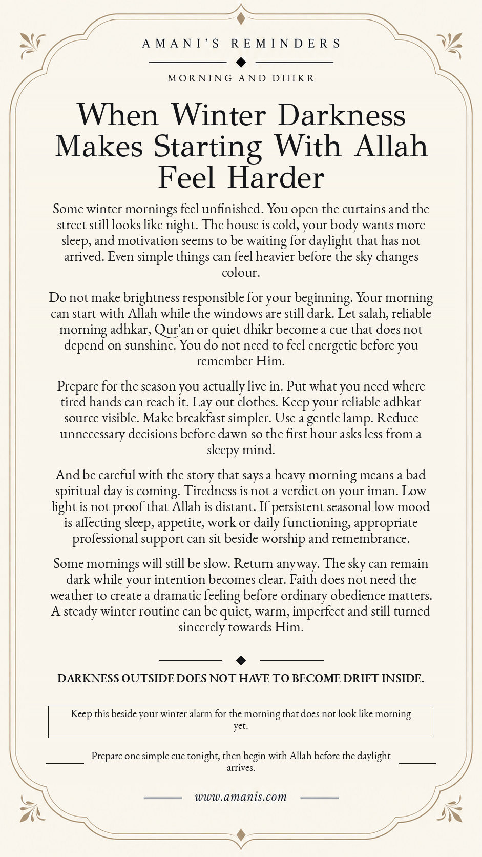 Amani's Islamic reminder about beginning dark winter mornings with Allah, salah and dhikr.