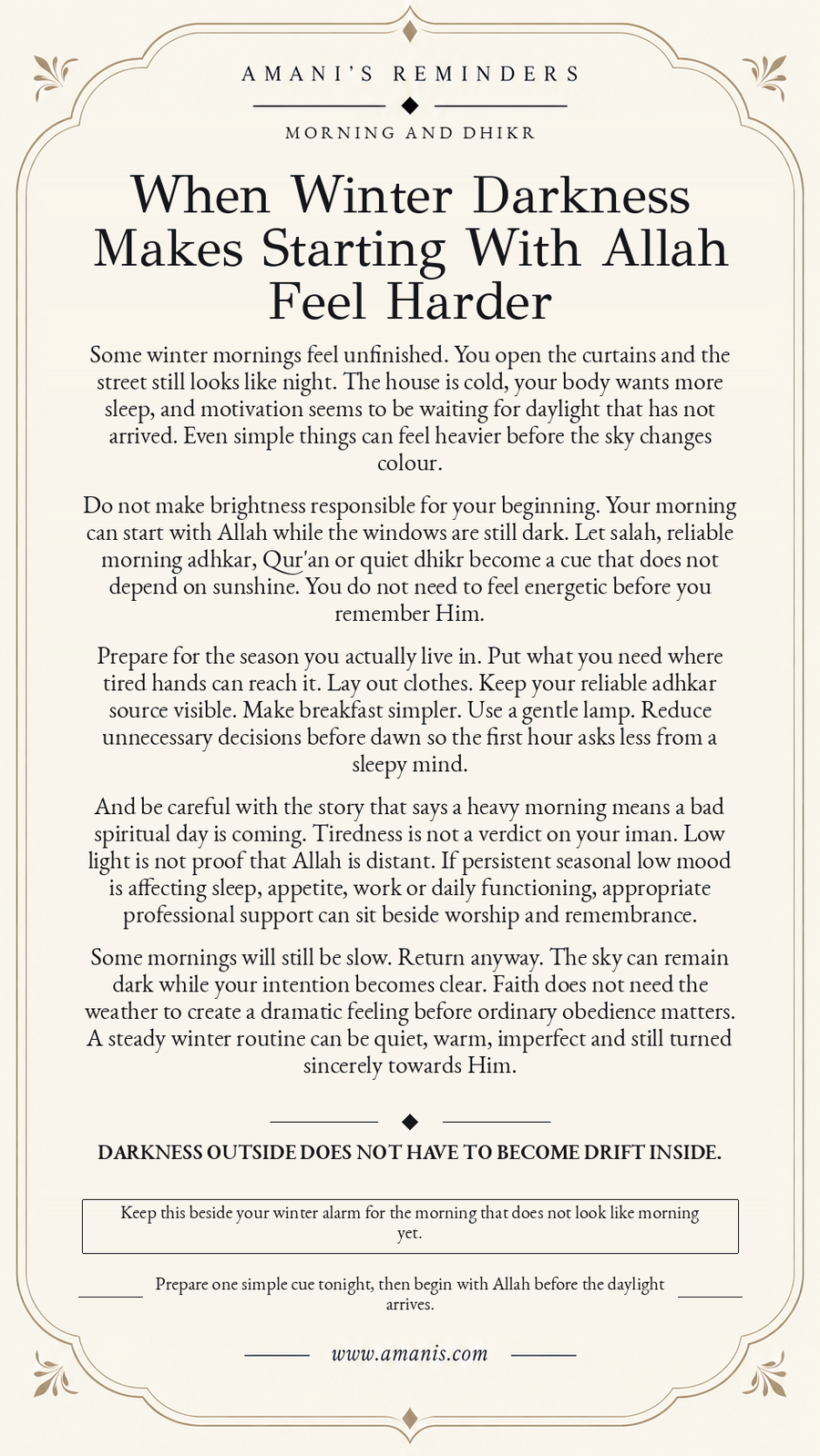 Amani's Islamic reminder about beginning dark winter mornings with Allah, salah and dhikr.