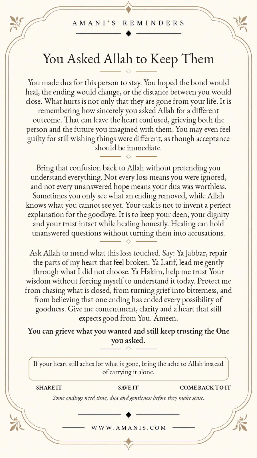 Amani's Reminders artwork about grieving a relationship ending after making dua, trusting Allah and healing with tawakkul.