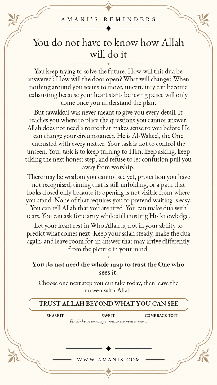 Amani's Reminders artwork about tawakkul and trusting Allah when you cannot see how the way forward will unfold.