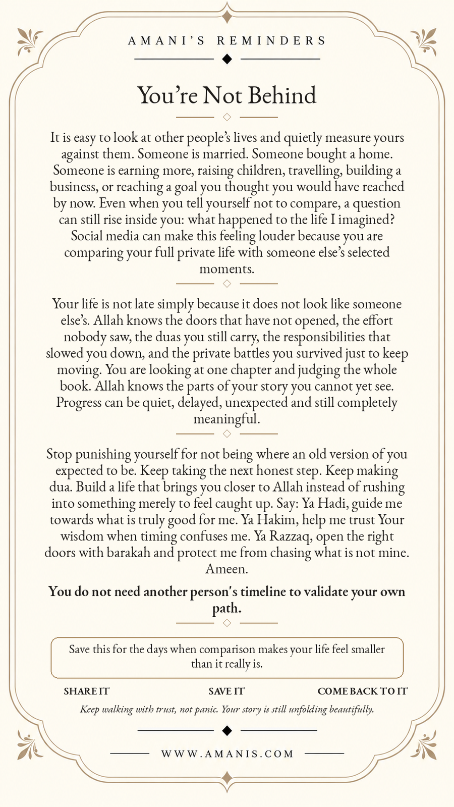 Amani's Reminders artwork about comparison, trusting Allah's timing and remembering that your life is not behind.