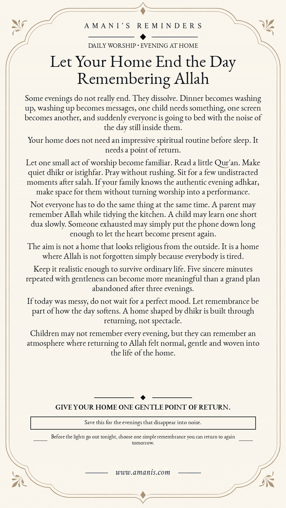 Cream Amani's Reminders artwork encouraging a calm evening habit of Qur'an, dhikr, salah or dua at home.