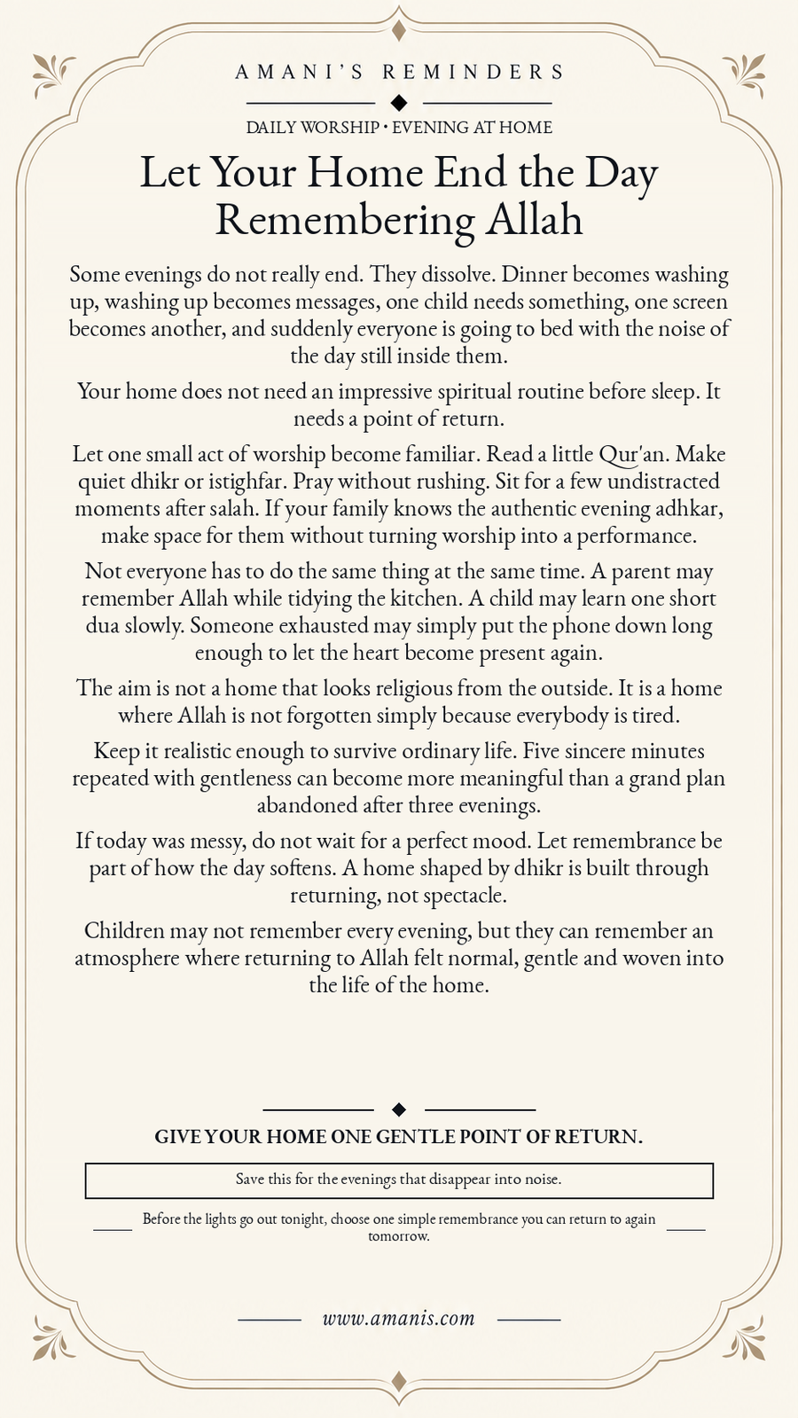 Cream Amani's Reminders artwork encouraging a calm evening habit of Qur'an, dhikr, salah or dua at home.