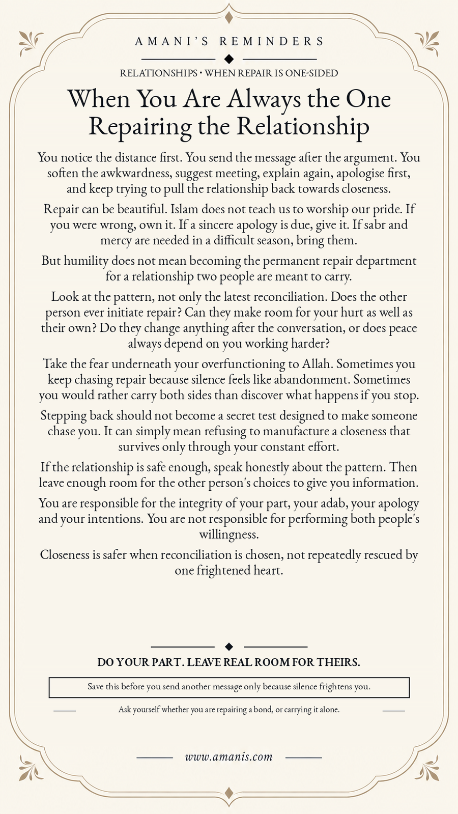 Cream Amani's Reminders artwork about recognising when one person is carrying all the repair in a relationship.