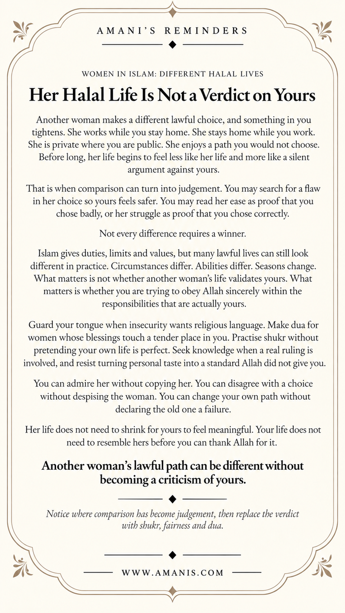 Amani's Reminders artwork: Her Halal Life Is Not a Verdict on Yours.