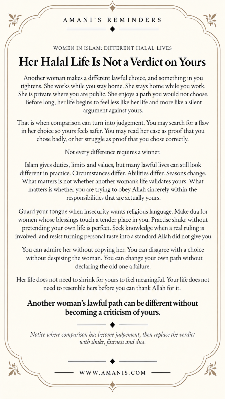 Amani's Reminders artwork: Her Halal Life Is Not a Verdict on Yours.