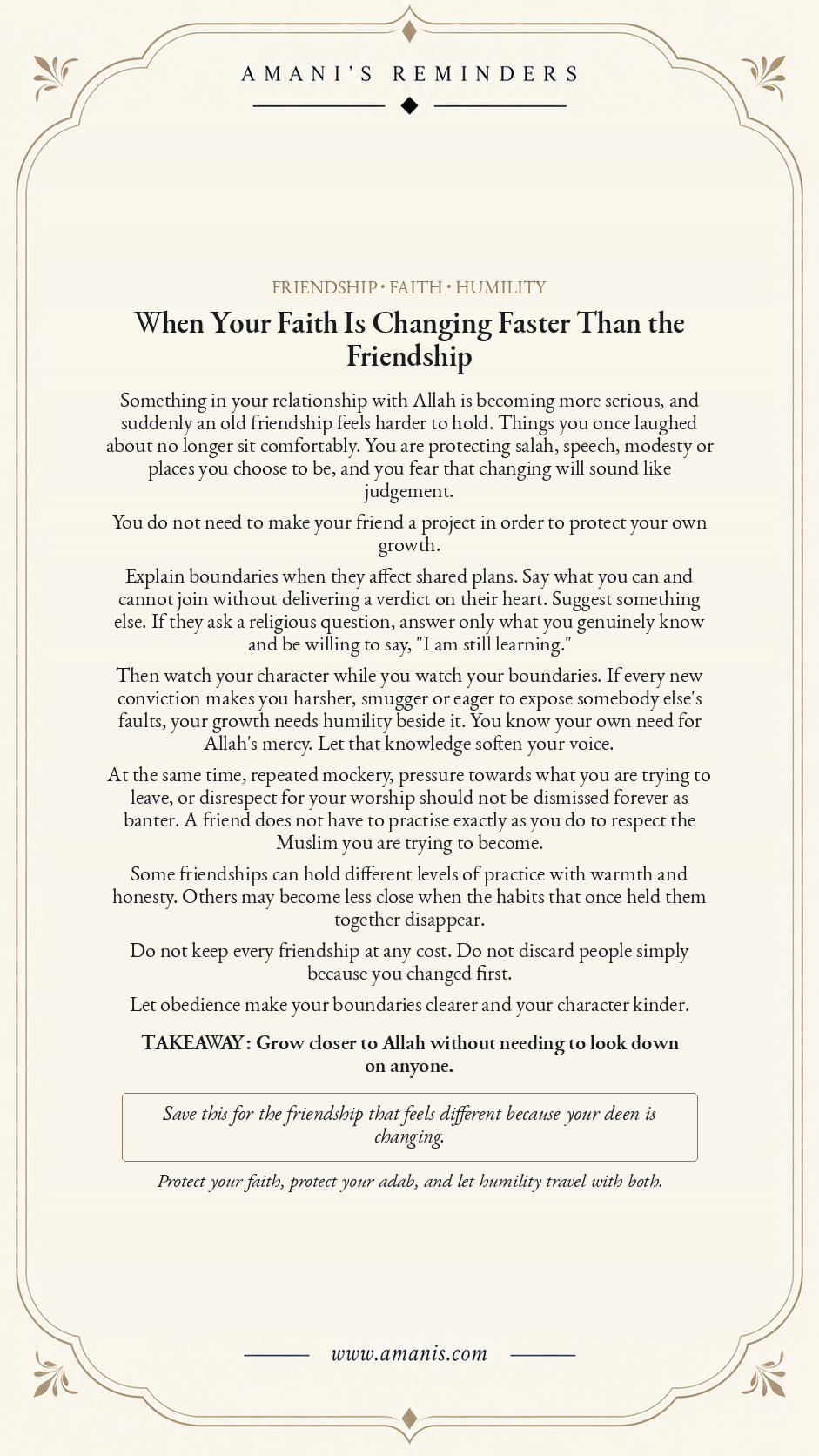Amani’s Reminders artwork about faith changing faster than a friendship, protecting Islamic boundaries while keeping humility, mercy and good character.
