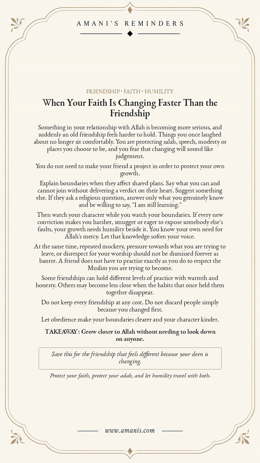 Amani’s Reminders artwork about faith changing faster than a friendship, protecting Islamic boundaries while keeping humility, mercy and good character.