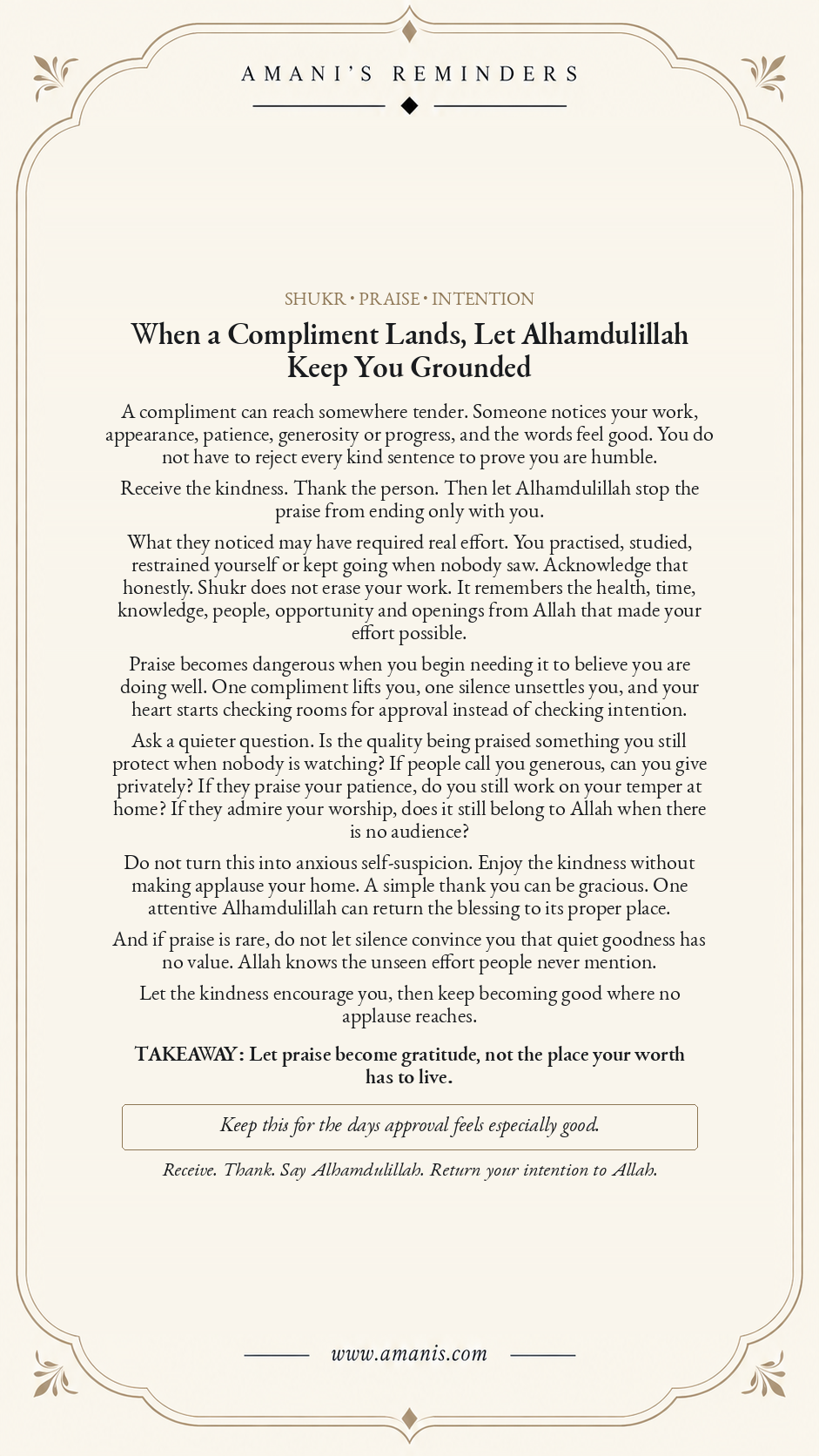 Amani’s Reminders artwork about receiving compliments with shukr, saying Alhamdulillah and keeping praise from becoming the place your worth lives.
