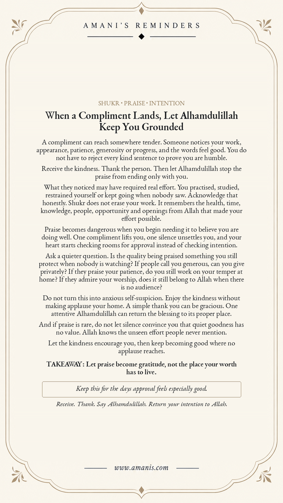 Amani’s Reminders artwork about receiving compliments with shukr, saying Alhamdulillah and keeping praise from becoming the place your worth lives.