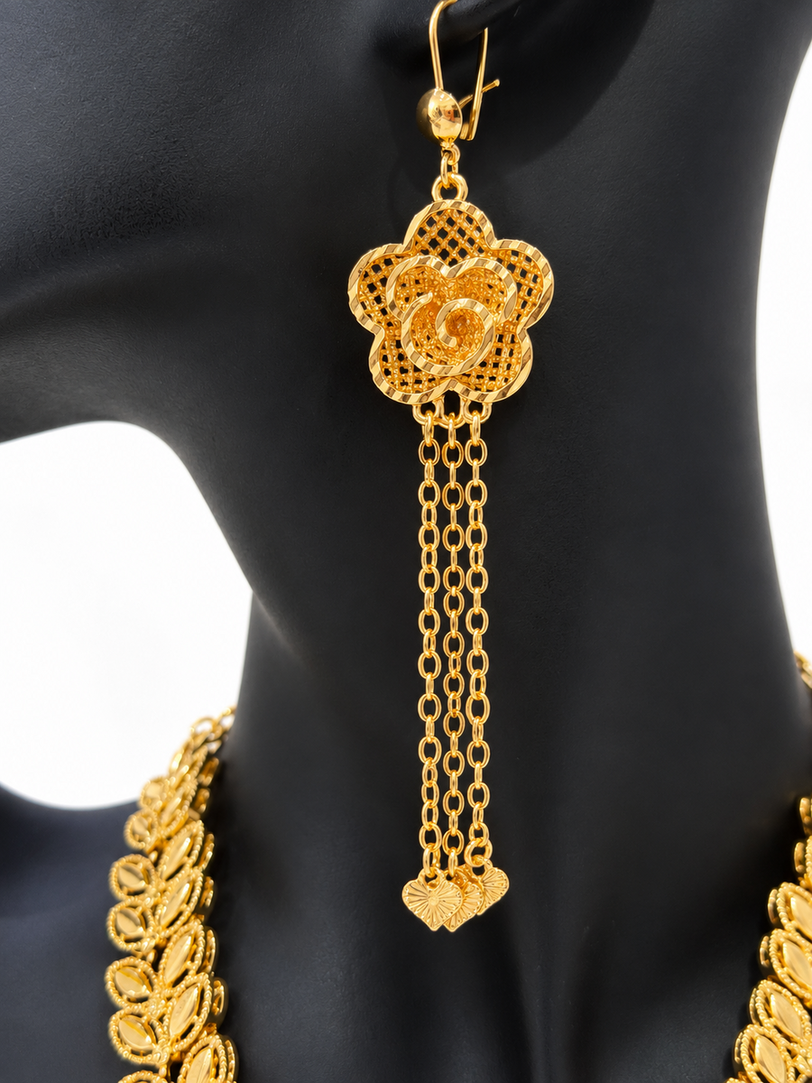 24K gold-plated rose tassel earring with heart-shaped drops