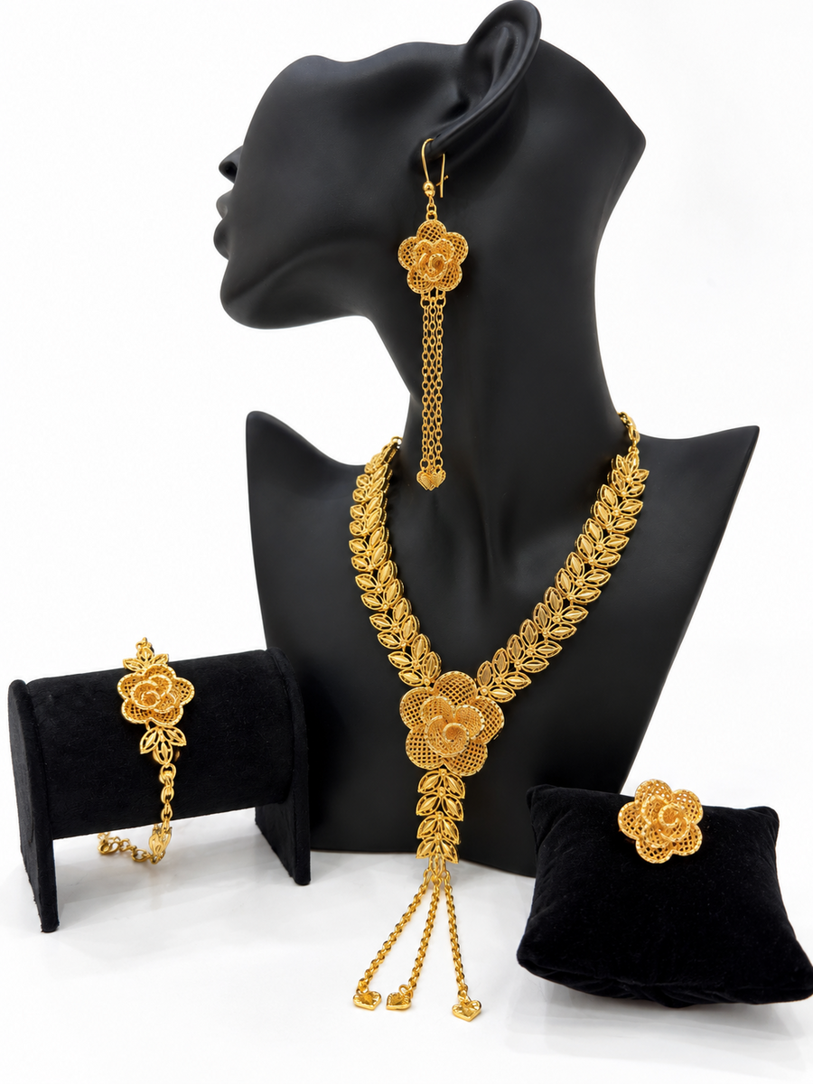 24K gold-plated rose jewellery set with necklace earrings bracelet and ring
