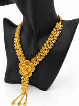 24K gold-plated rose and leaf necklace with three heart-drop chains