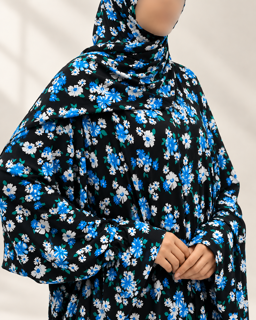 Azure floral jersey prayer dress – print and plain sleeve detail