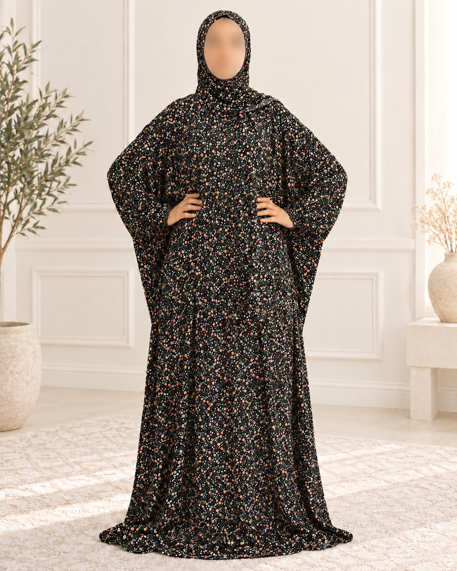 Black floral one piece Islamic prayer dress without lace, full front view showing wide sleeves and attached hijab