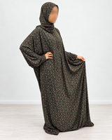 Amani’s black mini-rose floral one-piece prayer dress with attached hijab, no lace, full-length three-quarter view