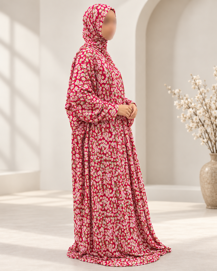 Crimson red floral prayer dress without lace – side profile