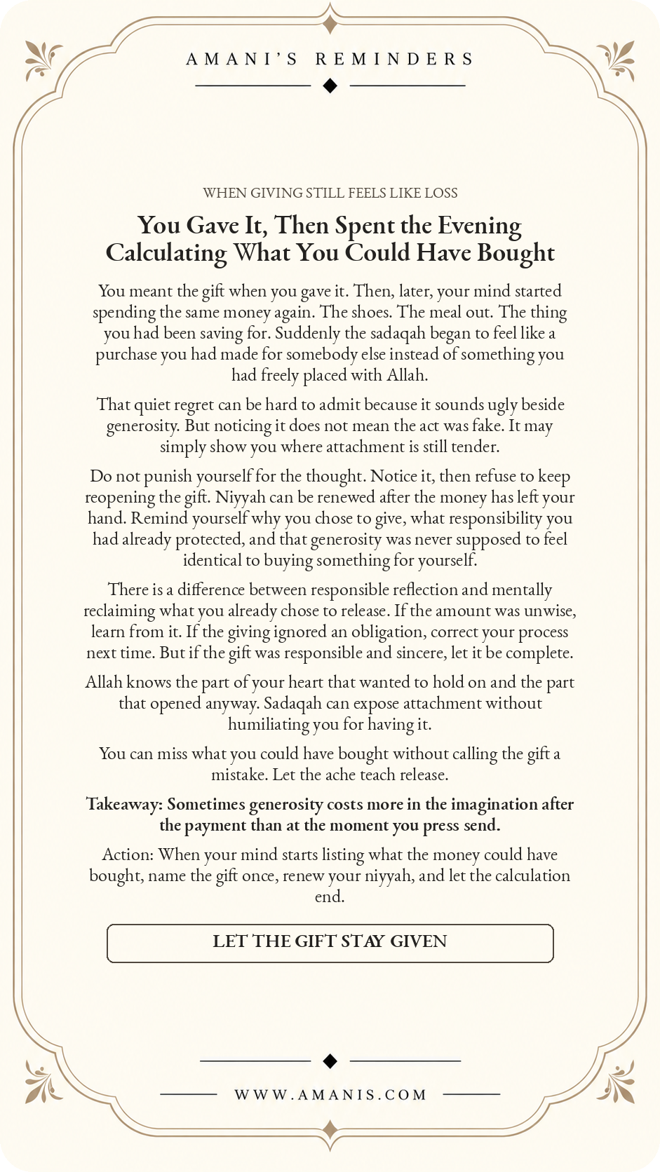 Amani’s Reminders artwork about post-giving regret, niyyah and letting a responsible act of sadaqah remain given.