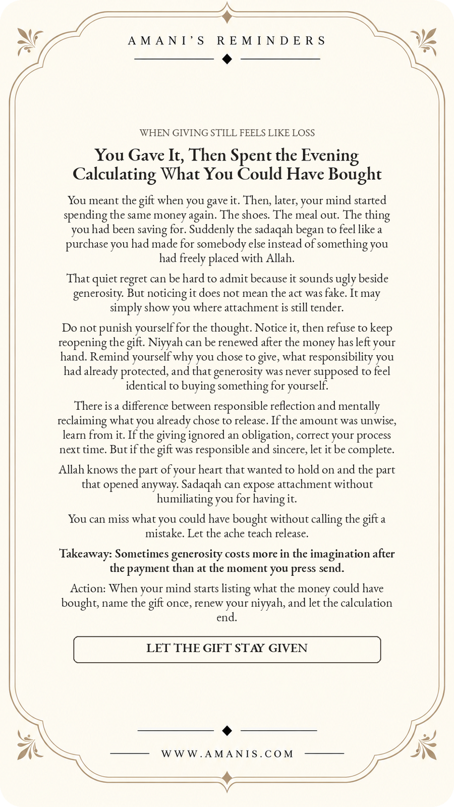 Amani’s Reminders artwork about post-giving regret, niyyah and letting a responsible act of sadaqah remain given.