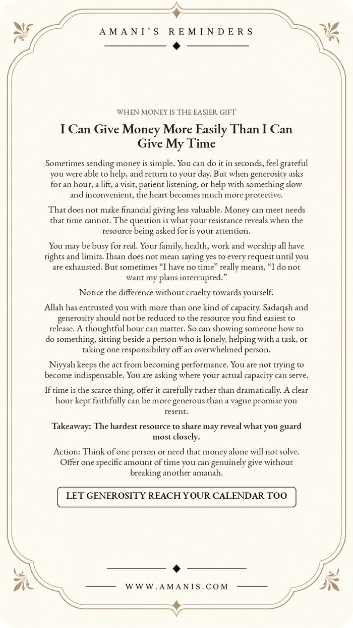 Amani’s Reminders artwork about generosity with time, attention and practical presence, not only money.