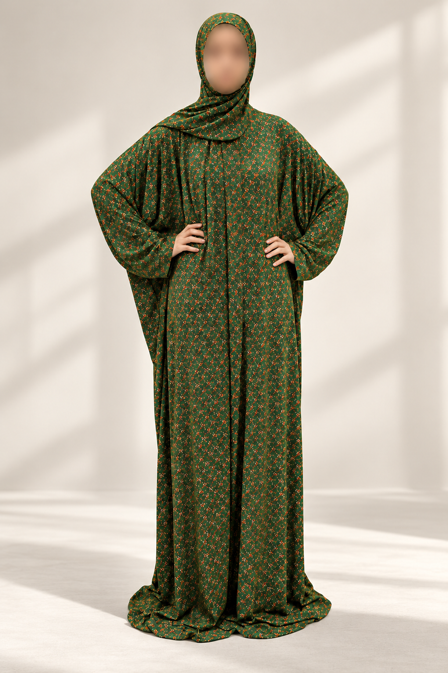 Amani's moss green floral one piece prayer dress without lace, full front view