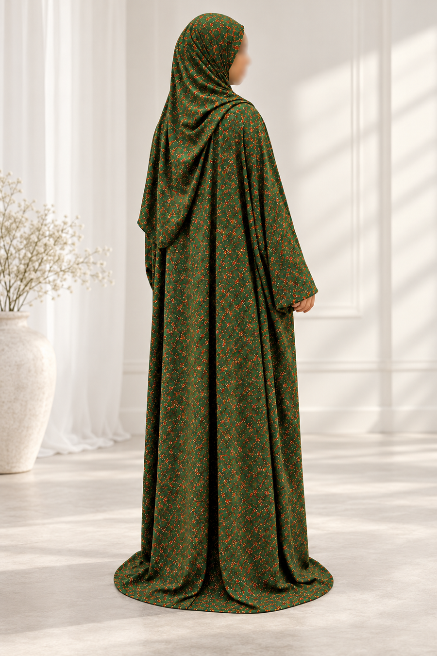 Moss green floral prayer dress with attached hijab, side and back draping view