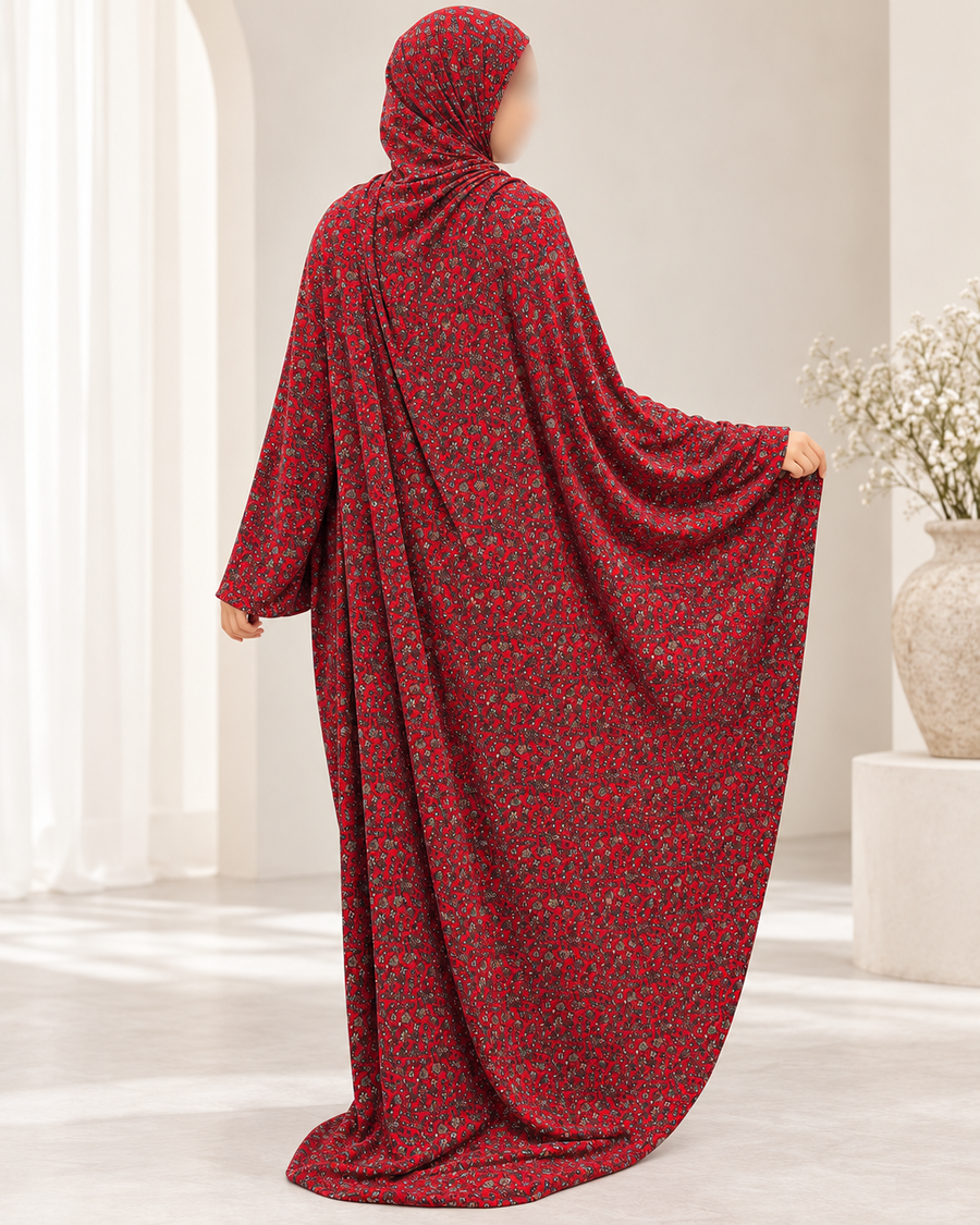 Red micro floral one-piece Islamic prayer dress, rear three-quarter drape view