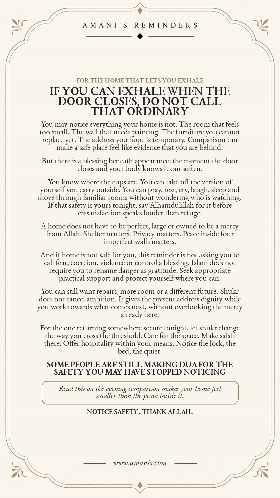 Cream Amani’s Reminders poster about gratitude to Allah for a safe home, shelter, privacy and the mercy of somewhere secure to return to.