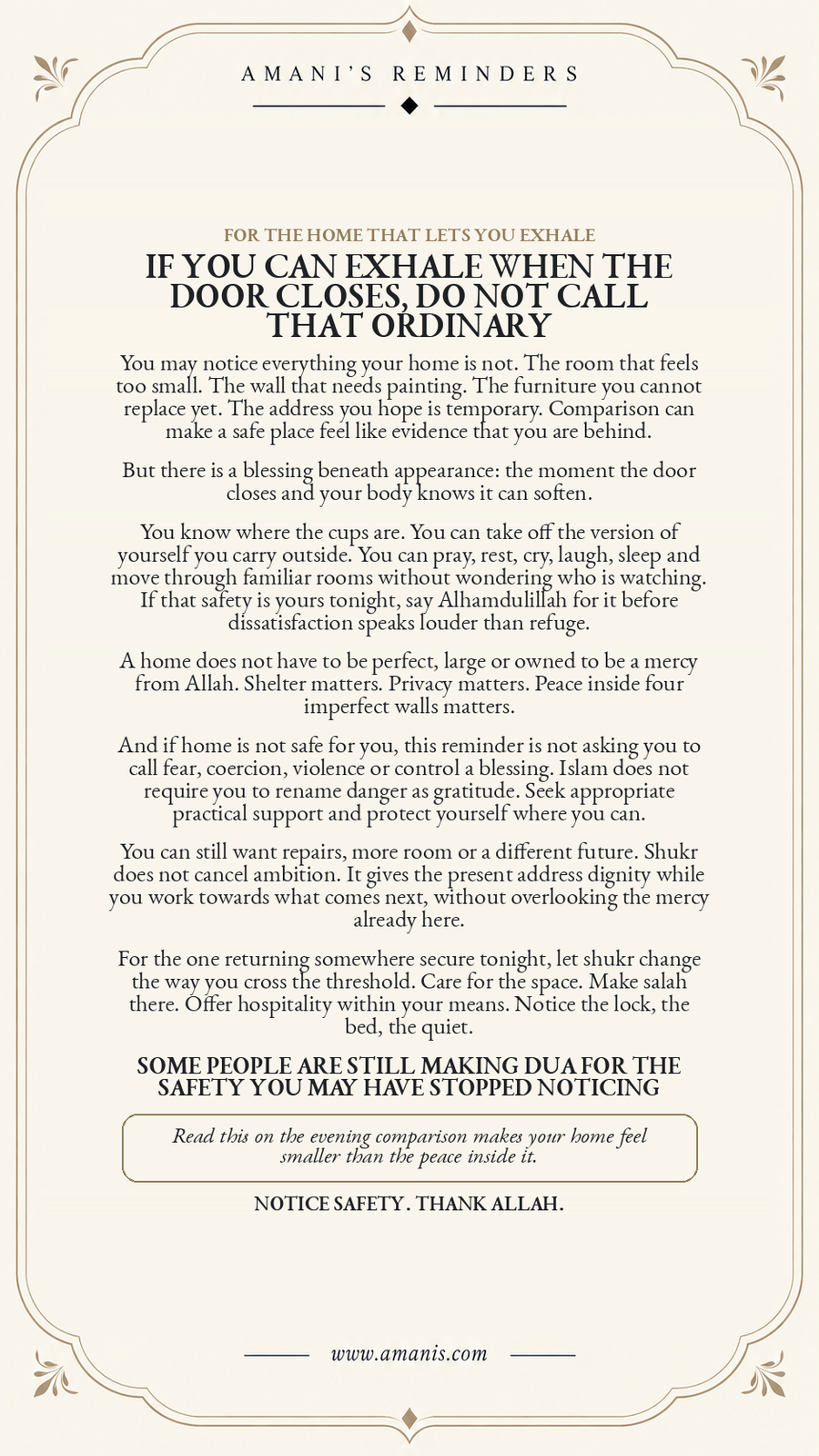 Cream Amani’s Reminders poster about gratitude to Allah for a safe home, shelter, privacy and the mercy of somewhere secure to return to.