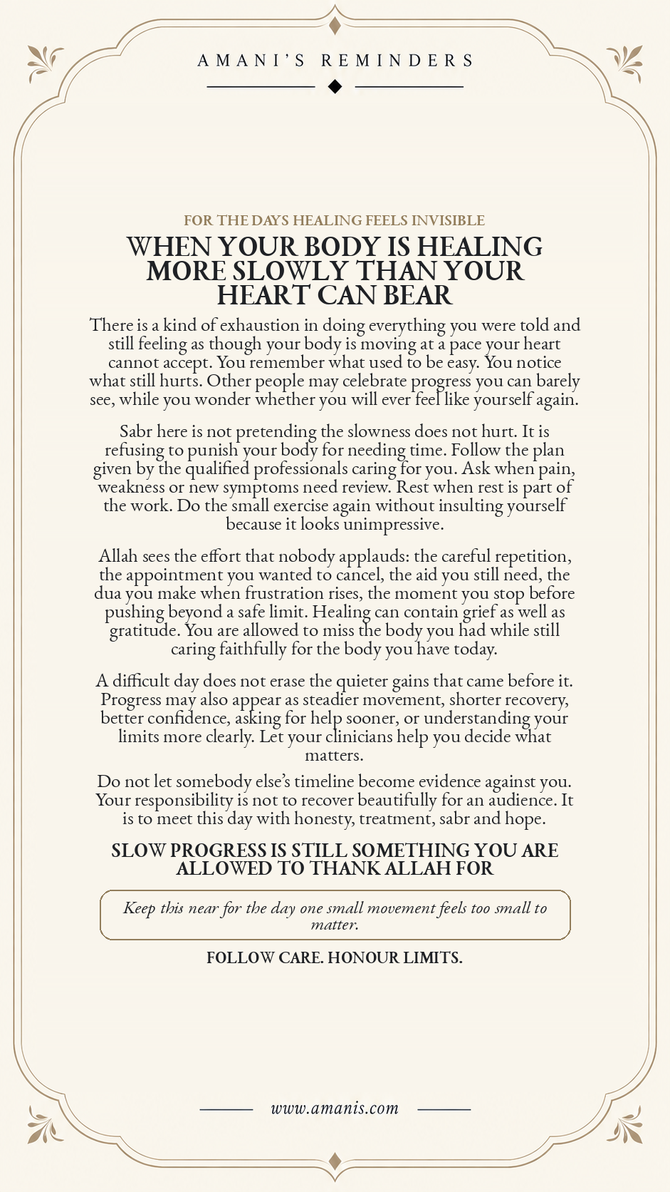 Cream Amani’s Reminders poster about sabr during slow physical healing, following qualified care, honouring limits and noticing small progress.