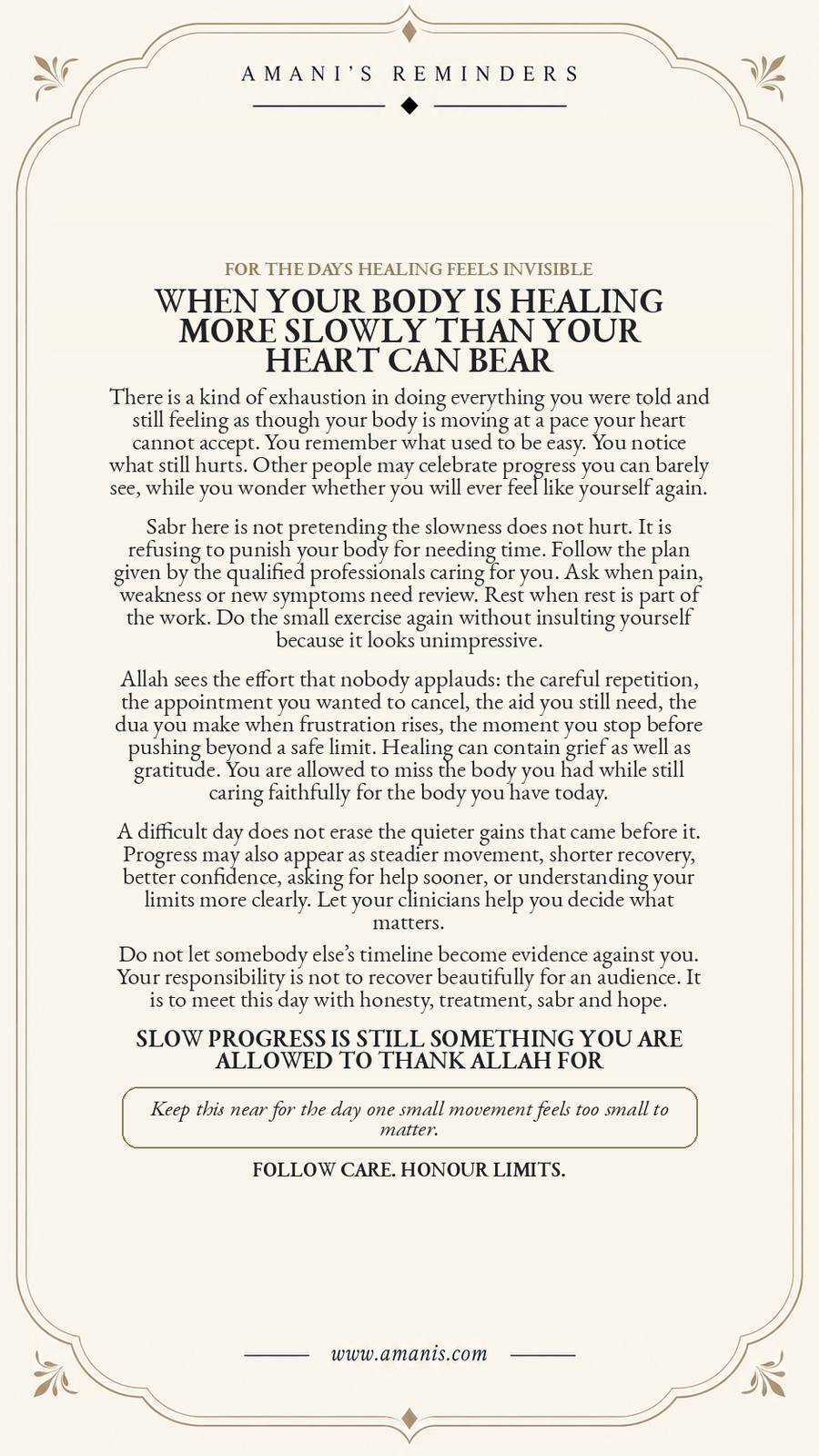 Cream Amani’s Reminders poster about sabr during slow physical healing, following qualified care, honouring limits and noticing small progress.