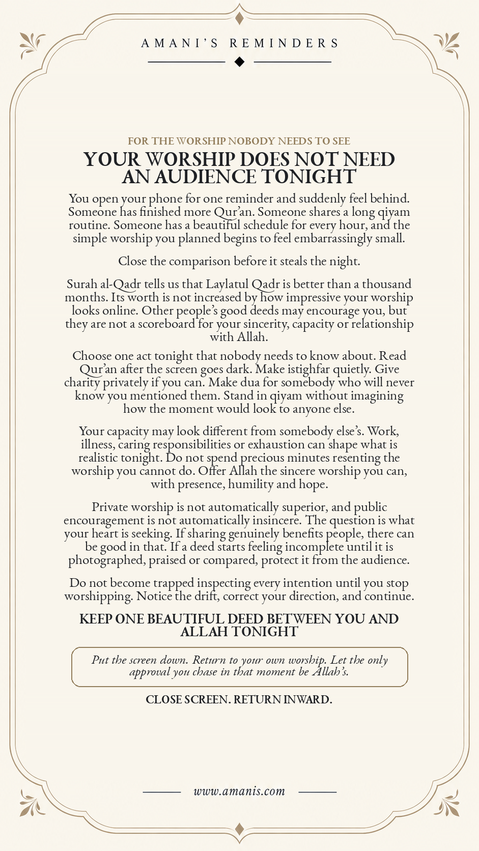 Cream Amani’s Reminders Laylatul Qadr poster about sincerity, stepping away from worship comparison and keeping a beautiful deed private for Allah.