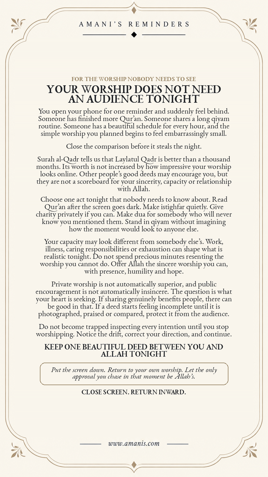 Cream Amani’s Reminders Laylatul Qadr poster about sincerity, stepping away from worship comparison and keeping a beautiful deed private for Allah.