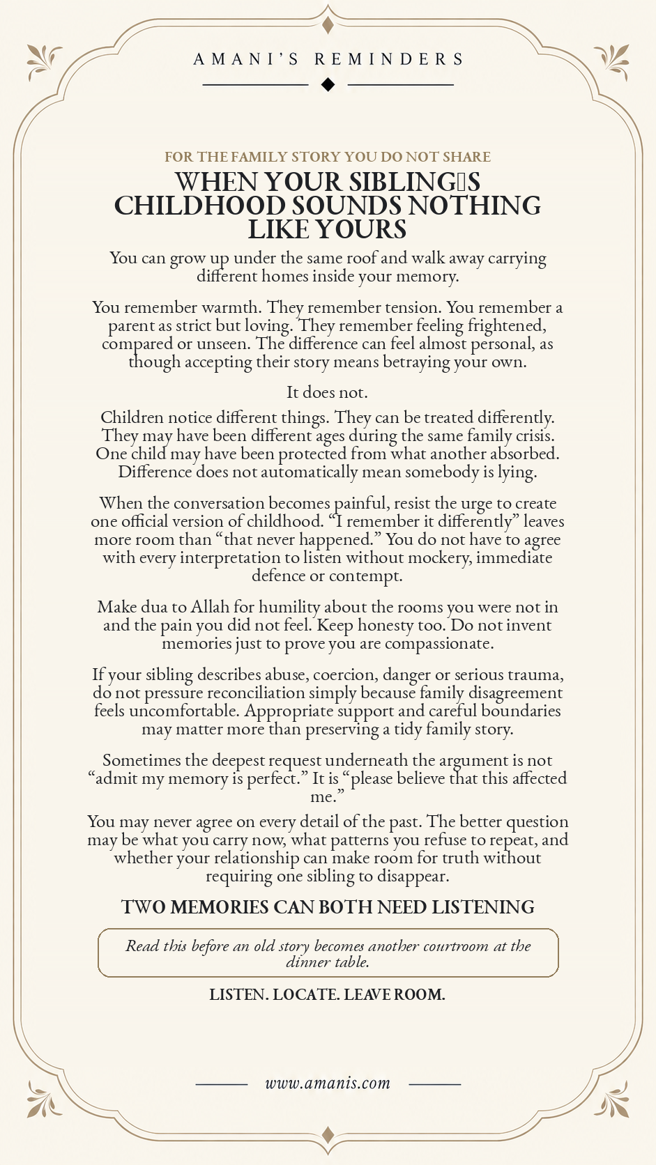 Cream Amani’s Reminders poster about siblings remembering the same childhood differently, listening with humility and leaving room for honest differences.