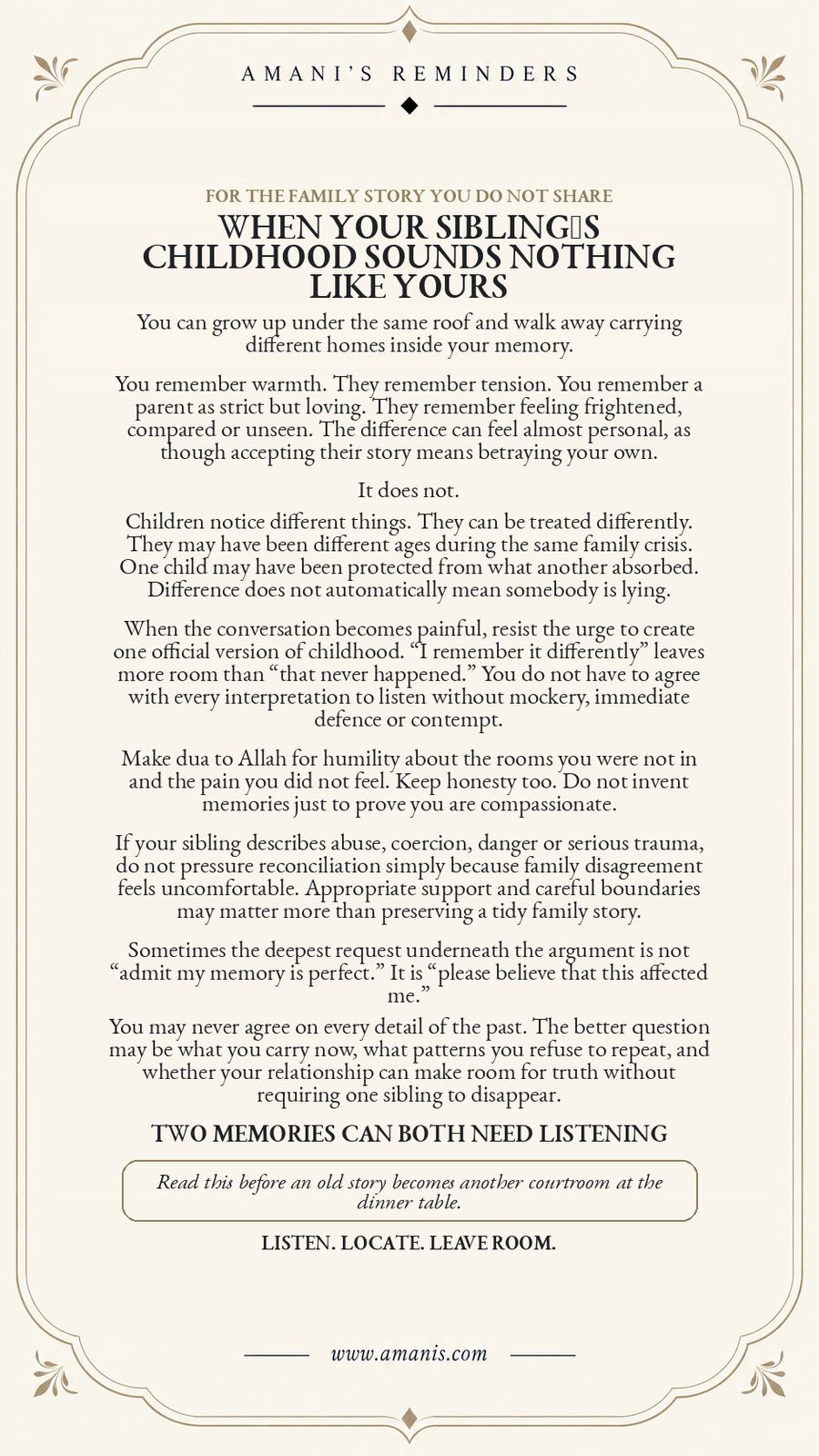 Cream Amani’s Reminders poster about siblings remembering the same childhood differently, listening with humility and leaving room for honest differences.