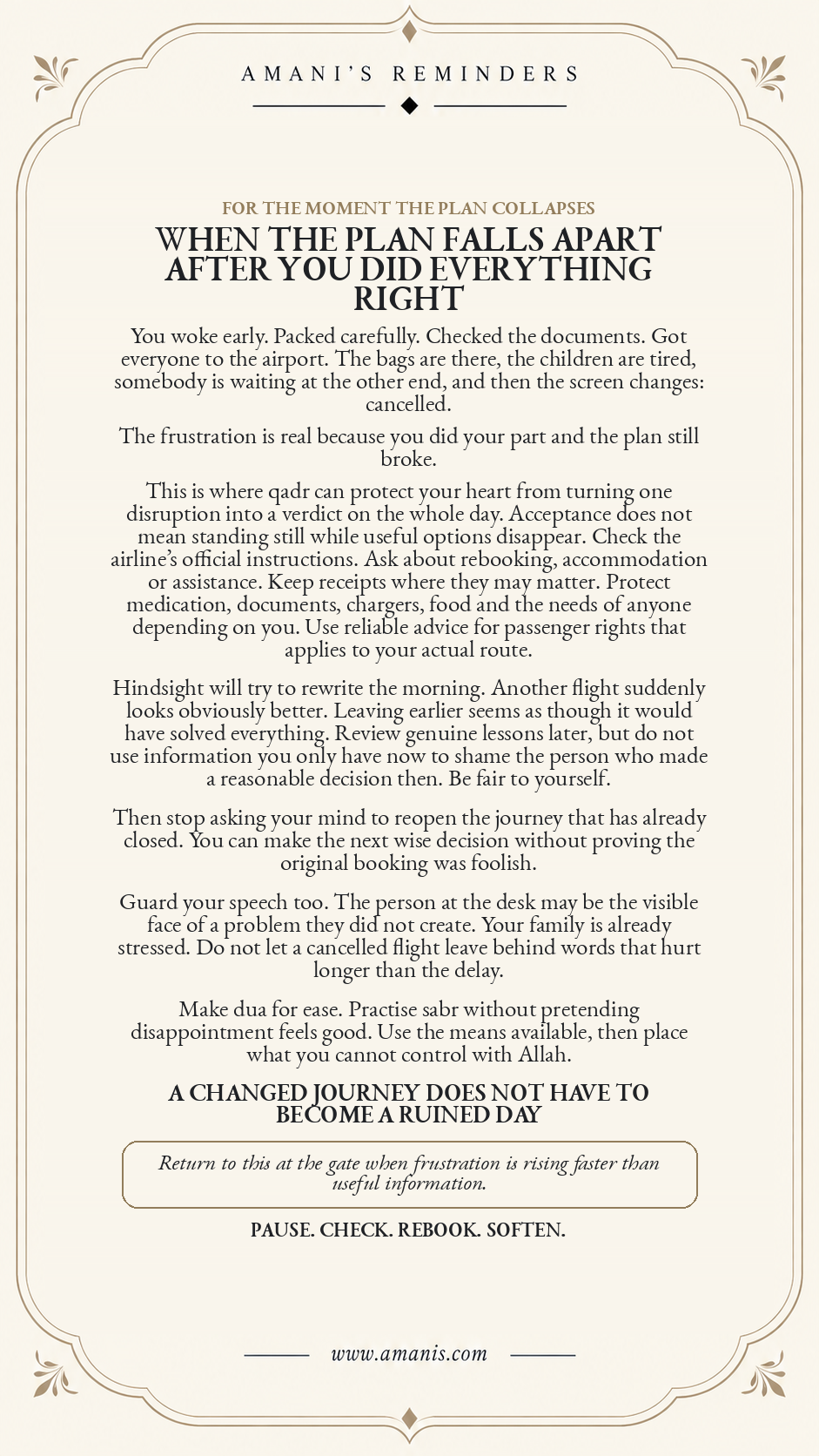 Cream Amani’s Reminders poster about qadr, sabr and practical action when a carefully planned flight is suddenly cancelled.