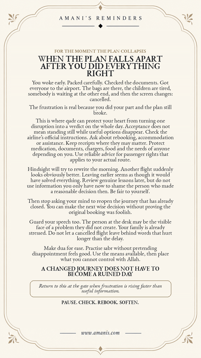 Cream Amani’s Reminders poster about qadr, sabr and practical action when a carefully planned flight is suddenly cancelled.