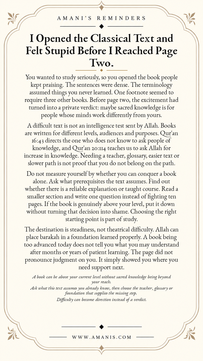 Amani’s Reminders Seeking Knowledge artwork: I Opened the Classical Text and Felt Stupid Before I Reached Page Two.