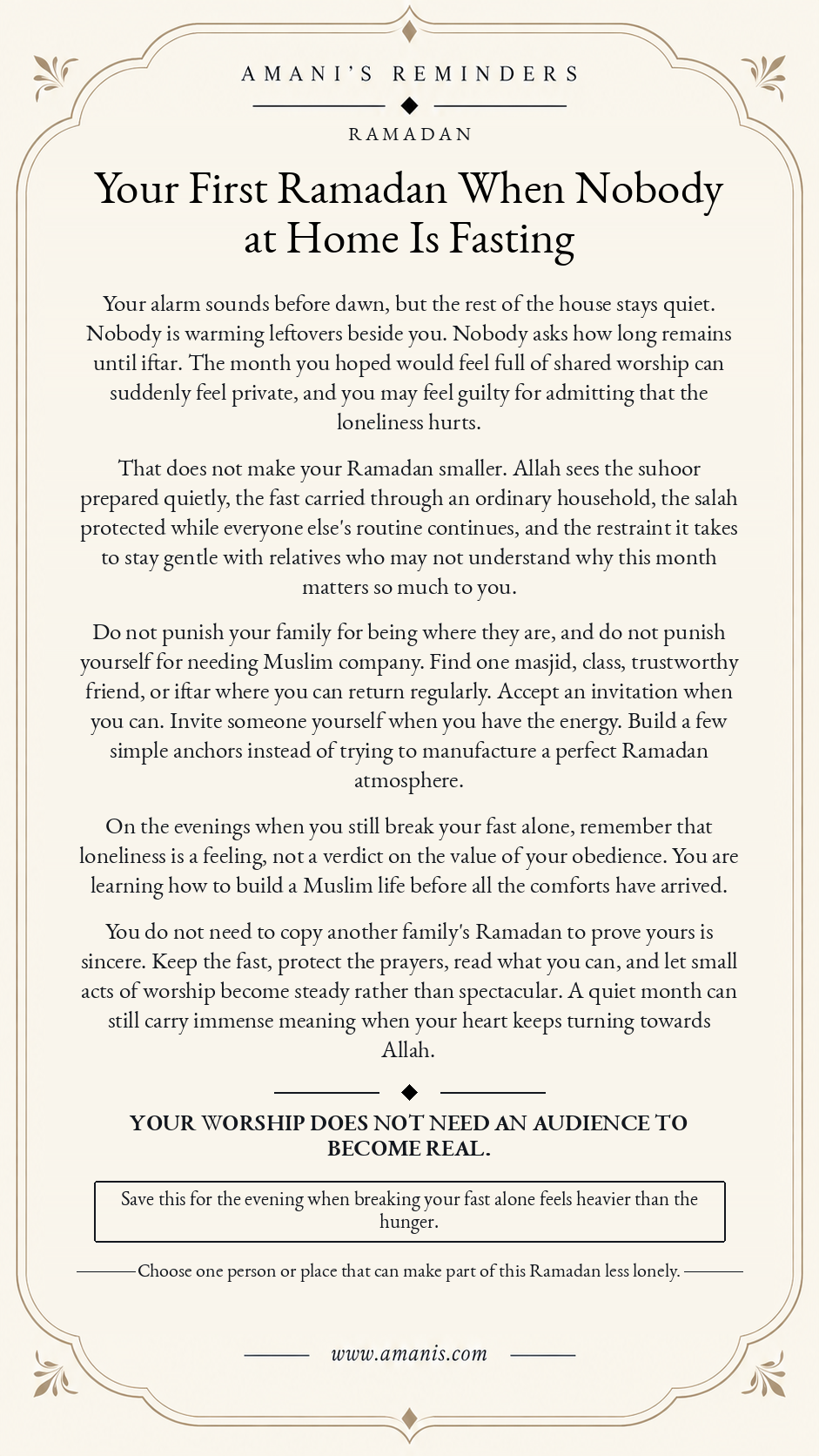 Amani’s reminder artwork for a first Ramadan when nobody at home is fasting, with guidance on worship, community and loneliness.