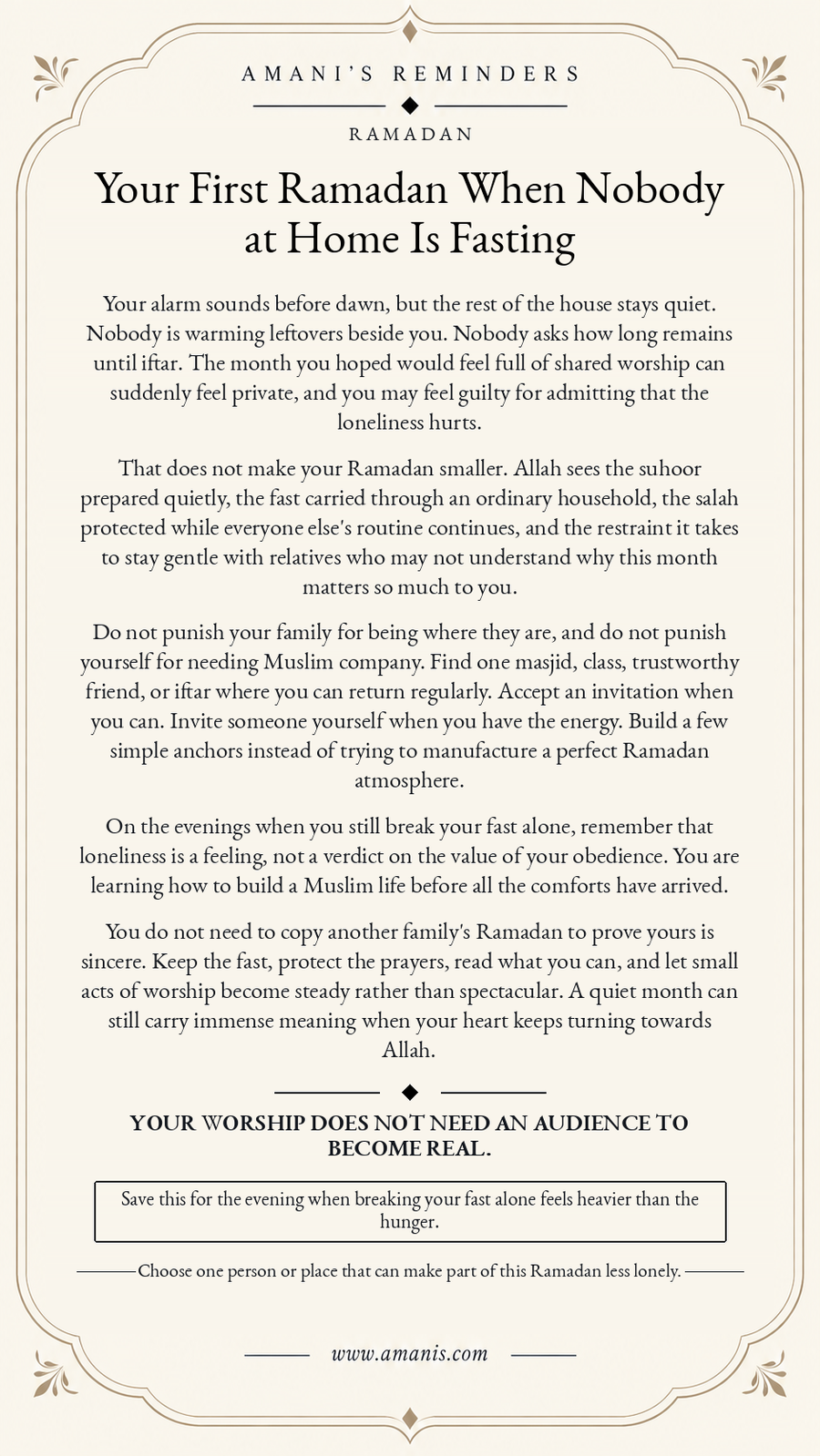 Amani’s reminder artwork for a first Ramadan when nobody at home is fasting, with guidance on worship, community and loneliness.