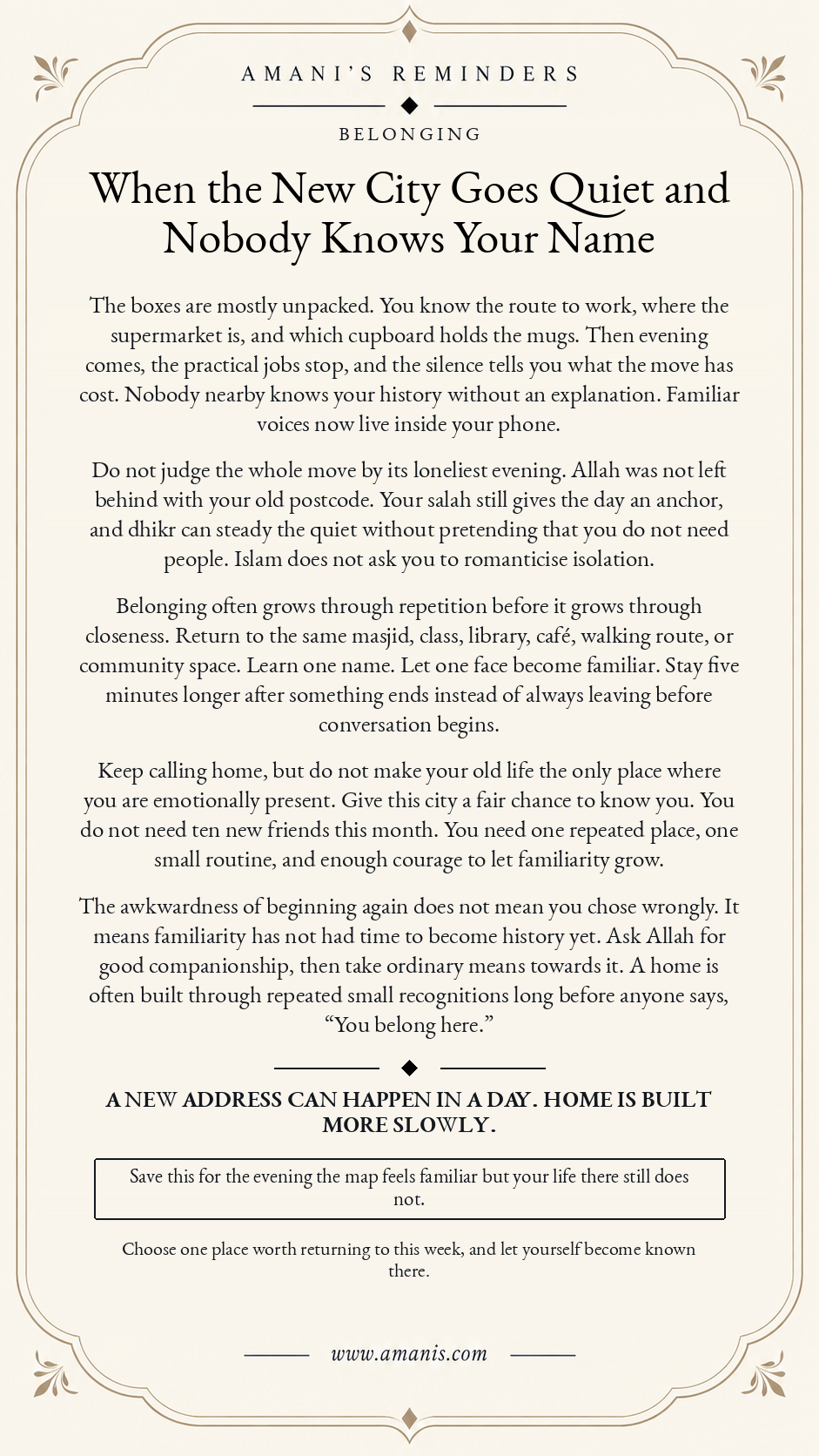 Amani’s reminder artwork about loneliness after moving to a new city, encouraging salah, dhikr and repeated community connection.
