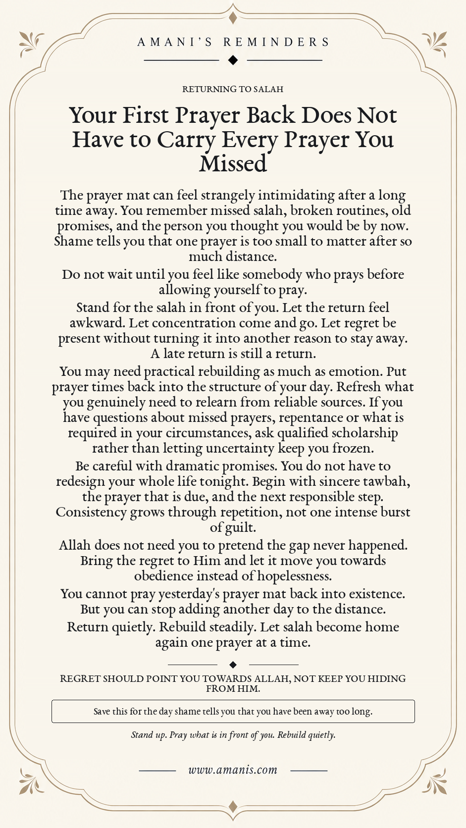 Amani's Islamic reminder about returning to salah after a long gap without letting shame stop the first prayer back.