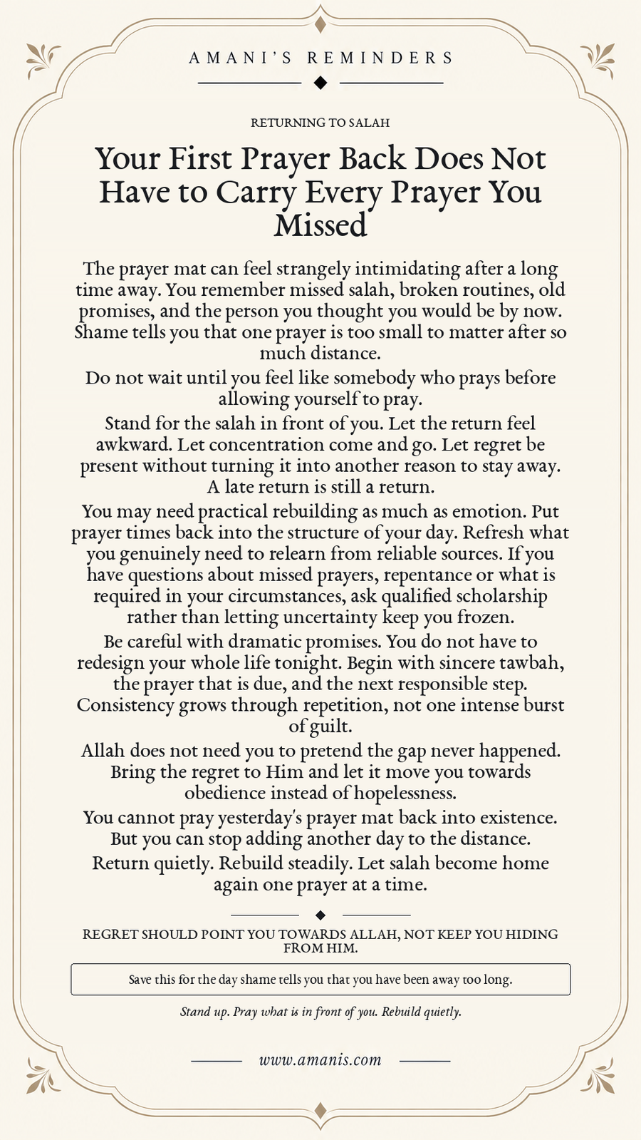 Amani's Islamic reminder about returning to salah after a long gap without letting shame stop the first prayer back.