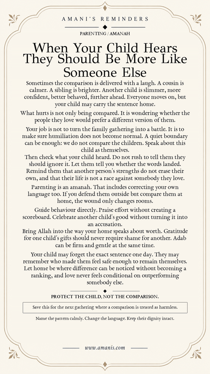 Amani’s Reminders poster about protecting a child’s dignity when relatives compare them with other children.